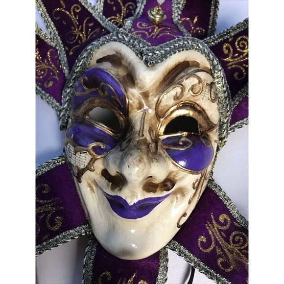Mask Jester Gold Purple Carnival Tie Back Adjustable Wall Mounting paper Mache - Picture 4 of 7